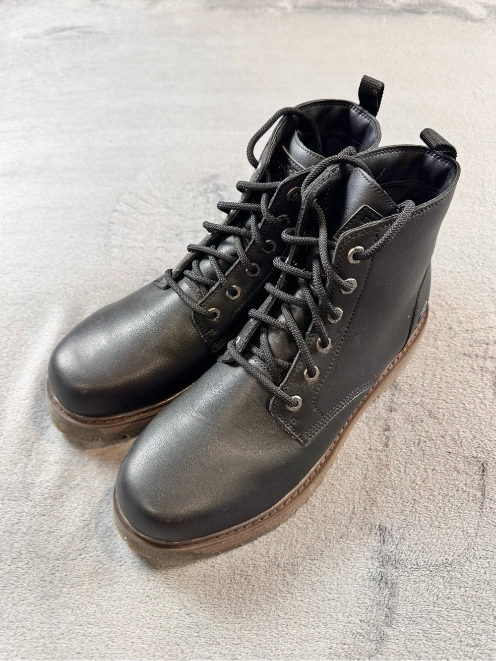Skechers Alley Cat Black Leather Lace-Up Boots with Brown Lug Sole